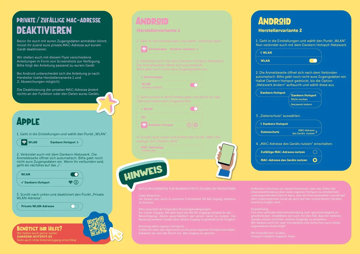 Flyer Rückseite: private bzw. zufällige MAC-Adresse deaktivieren — Schritt für Schritt für Apple und für Android (zwei Herstellervarianten), dazu Nutzungshinweise